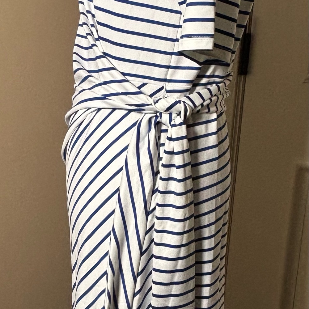 Lands’ End Elbow Sleeve Tie Waist Sheath Dress White & Navy Blue Nautical Sz S - Picture 11 of 16